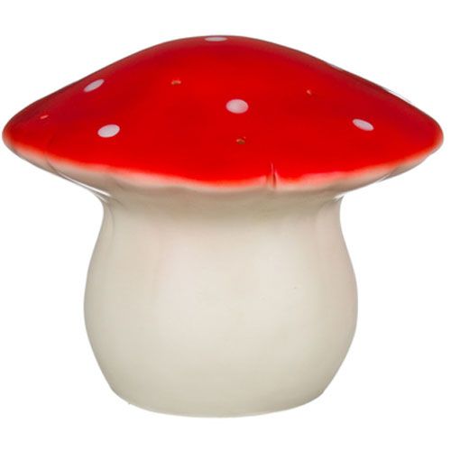 Egmont Toys vliegenzwam nachtlamp met rode kap en witte stippen op een witte achtergrond.