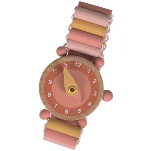Egmont Toys houten horloge met roze wijzerplaat en veelkleurige houten kralenband.