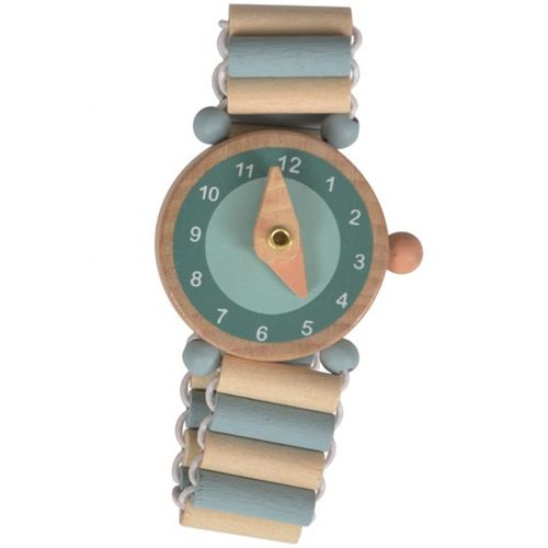 Egmont Toys houten horloge met een lichtblauwe wijzerplaat en een band van houten kralen in naturel en lichtblauw.