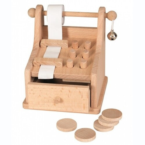 Egmont Toys houten kassa met papierrol, knoppen, lade en houten munten.
