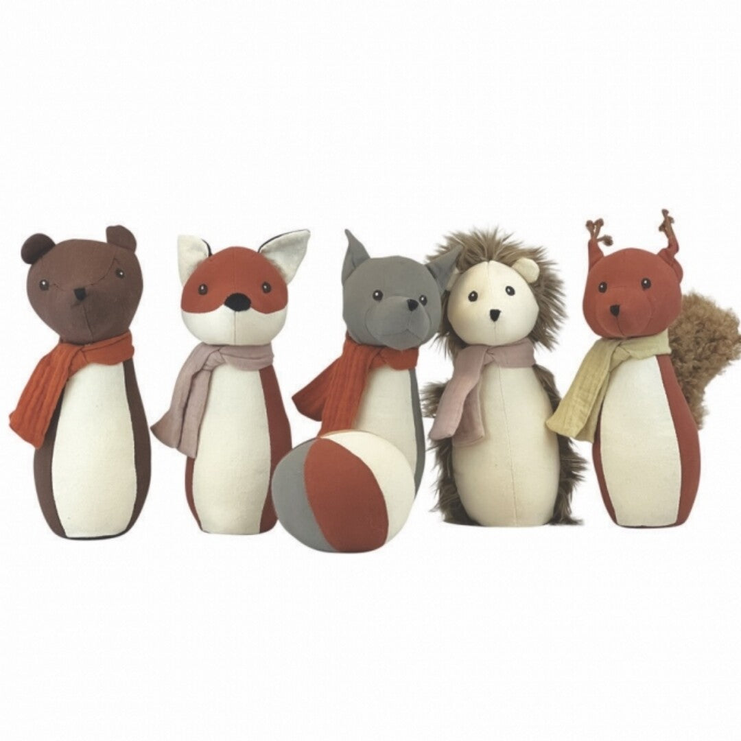 Egmont Toys kegelspel voor peuters met vijf zachte bosdieren en een bal.