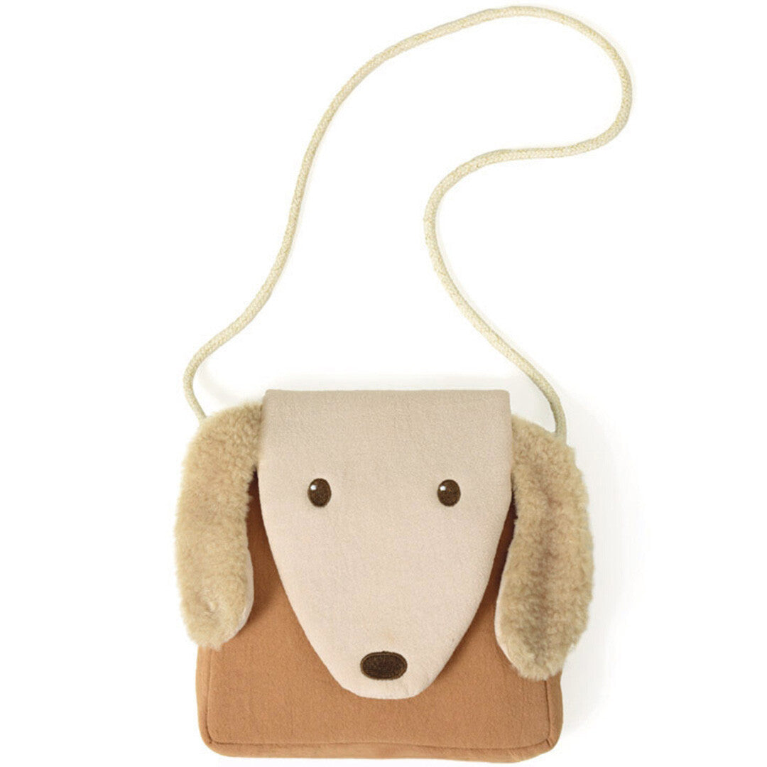 Egmont Toys kinderschoudertas in de vorm van een hond met beige gezicht en bruine flaporen.