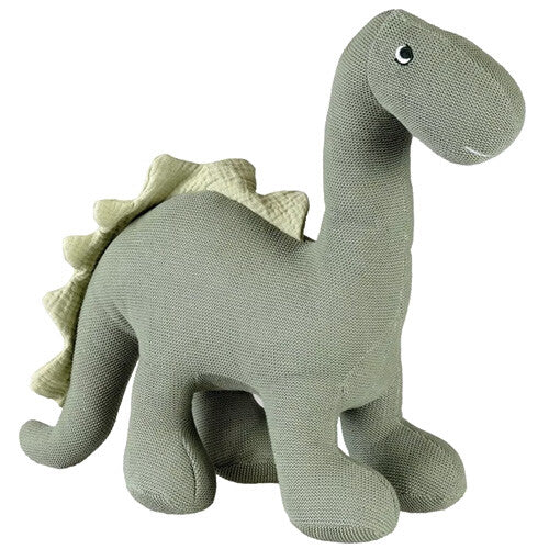 Egmont Toys groene gebreide knuffeldino Victor staat rechtop.