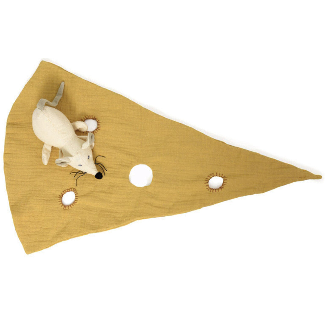 Egmont Toys knuffeldoek voor baby's in de vorm van een geel stuk kaas met een pluchen muis erop.