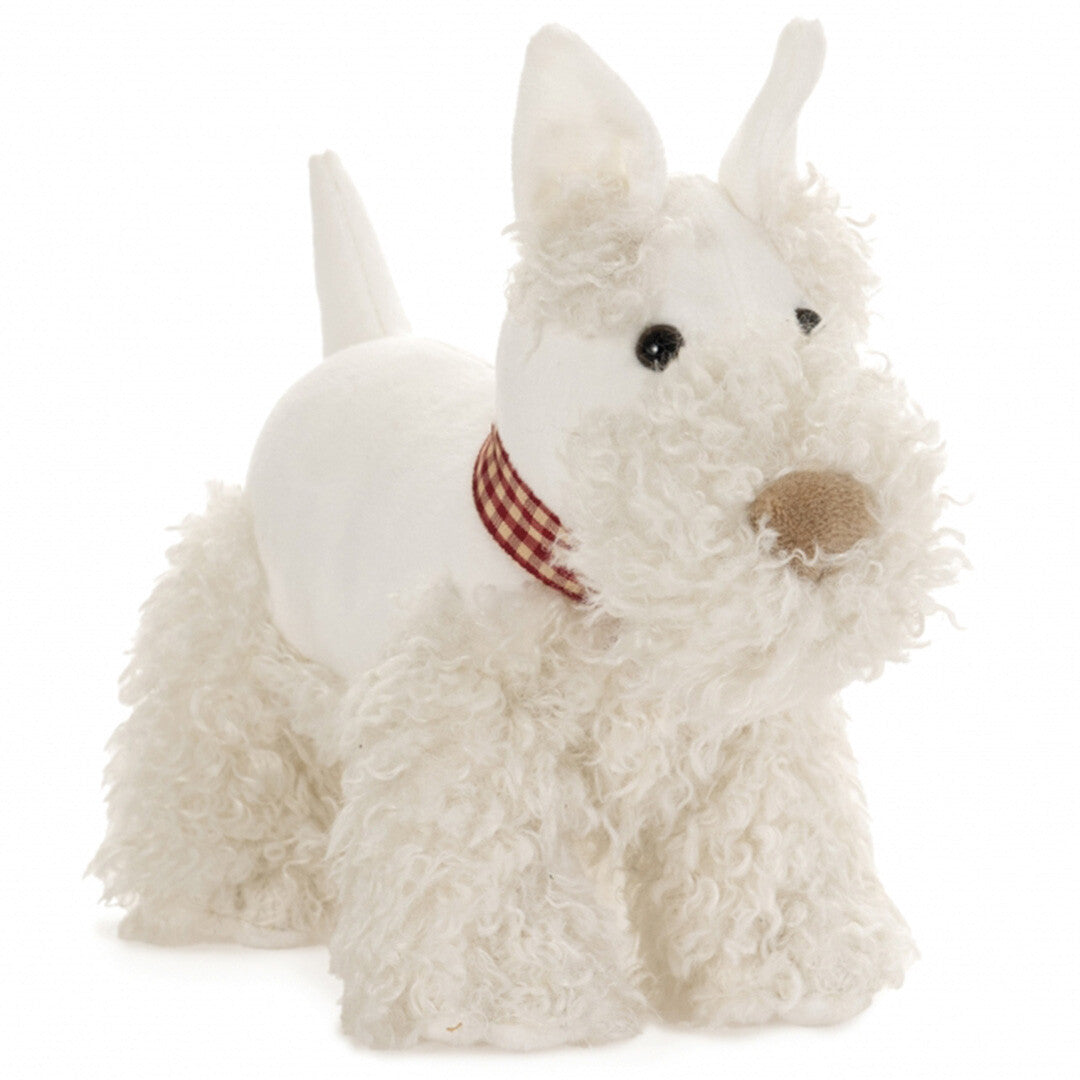 Egmont Toys witte pluchen knuffelhond met krullende vacht en geruite halsband.