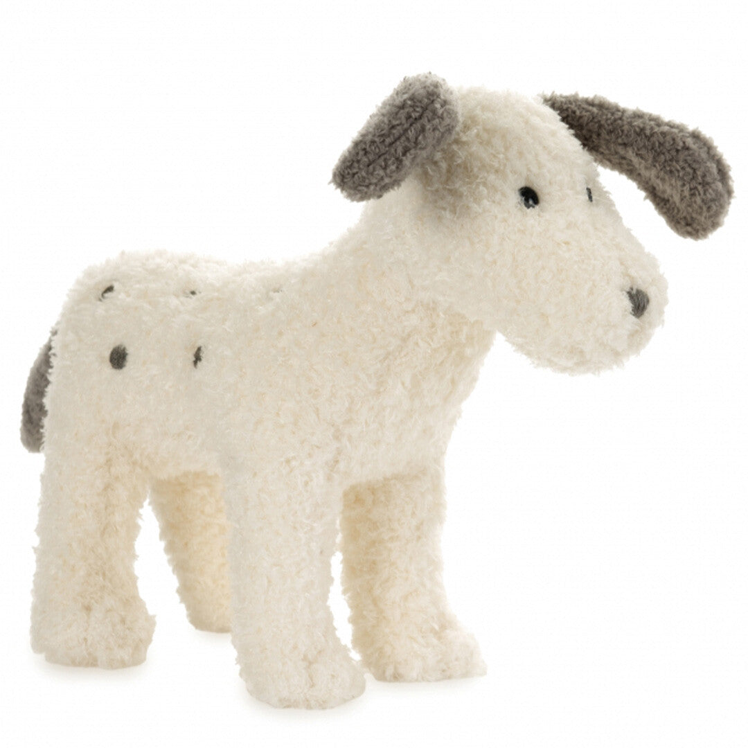 Egmont Toys pluchen knuffelhond Spotty voor baby's, wit met grijze vlekken en oren.