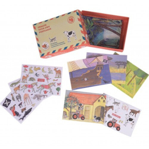 Egmont Toys knutselset postkaarten met stickers, met een open doos, diverse versierde kaarten en stickervellen met dieren en voertuigen.