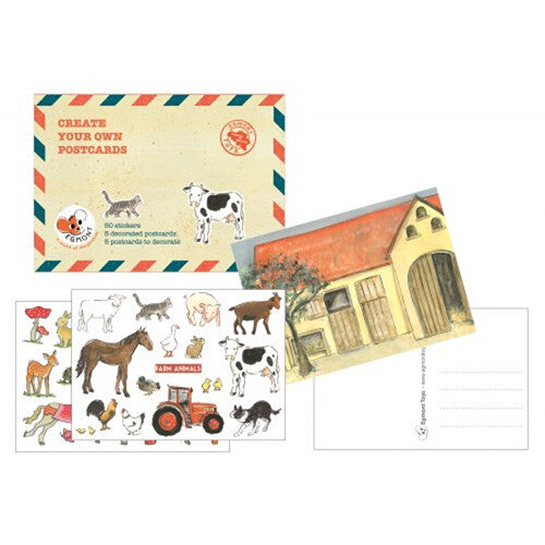 De Egmont Toys knutselset postkaarten met stickers, met een gesloten doos, een blanco boerderijkaart en een stickervel met boerderijdieren.