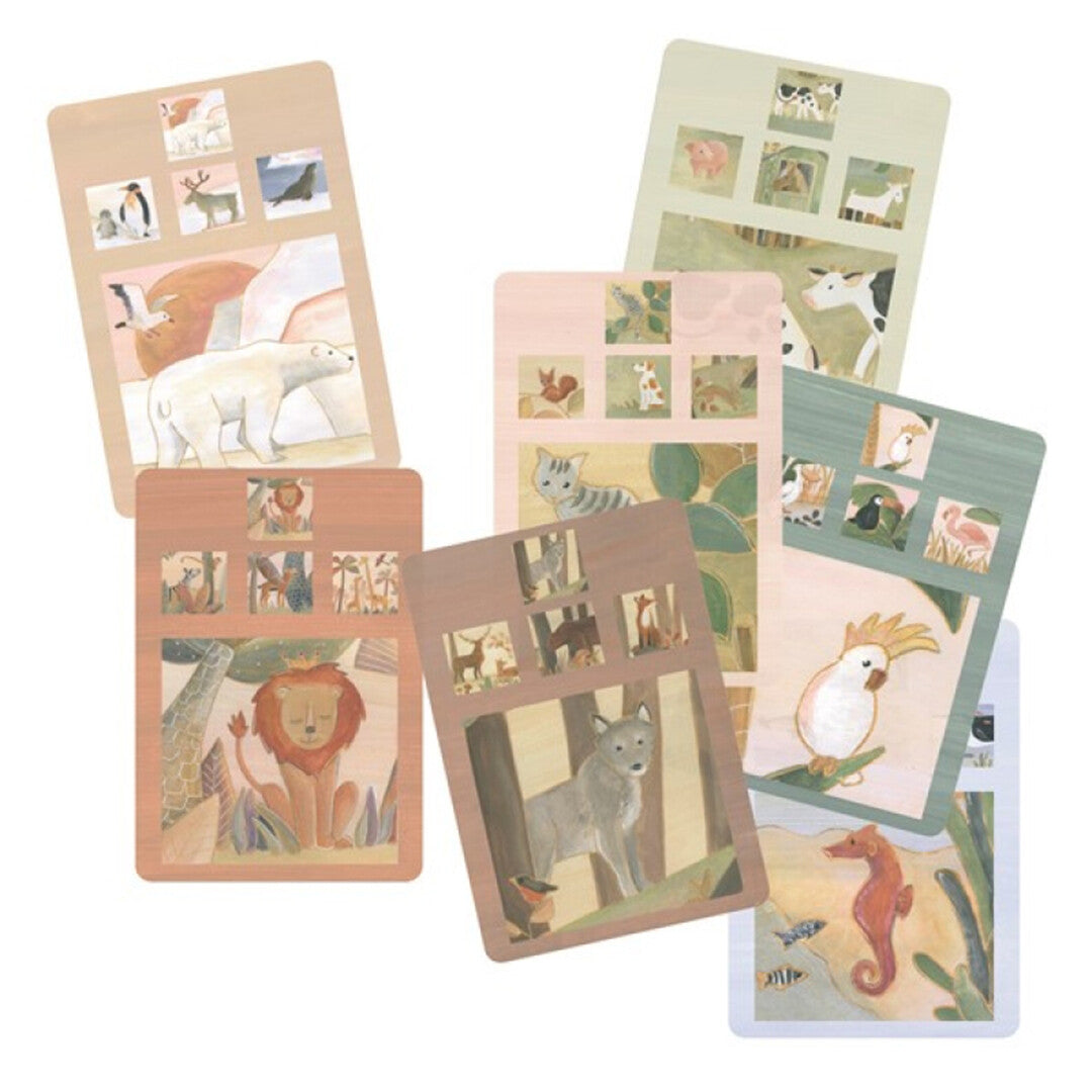 Verspreide kwartetkaarten met diverse dierenillustraties, waaronder een ijsbeer, leeuw en papegaai.