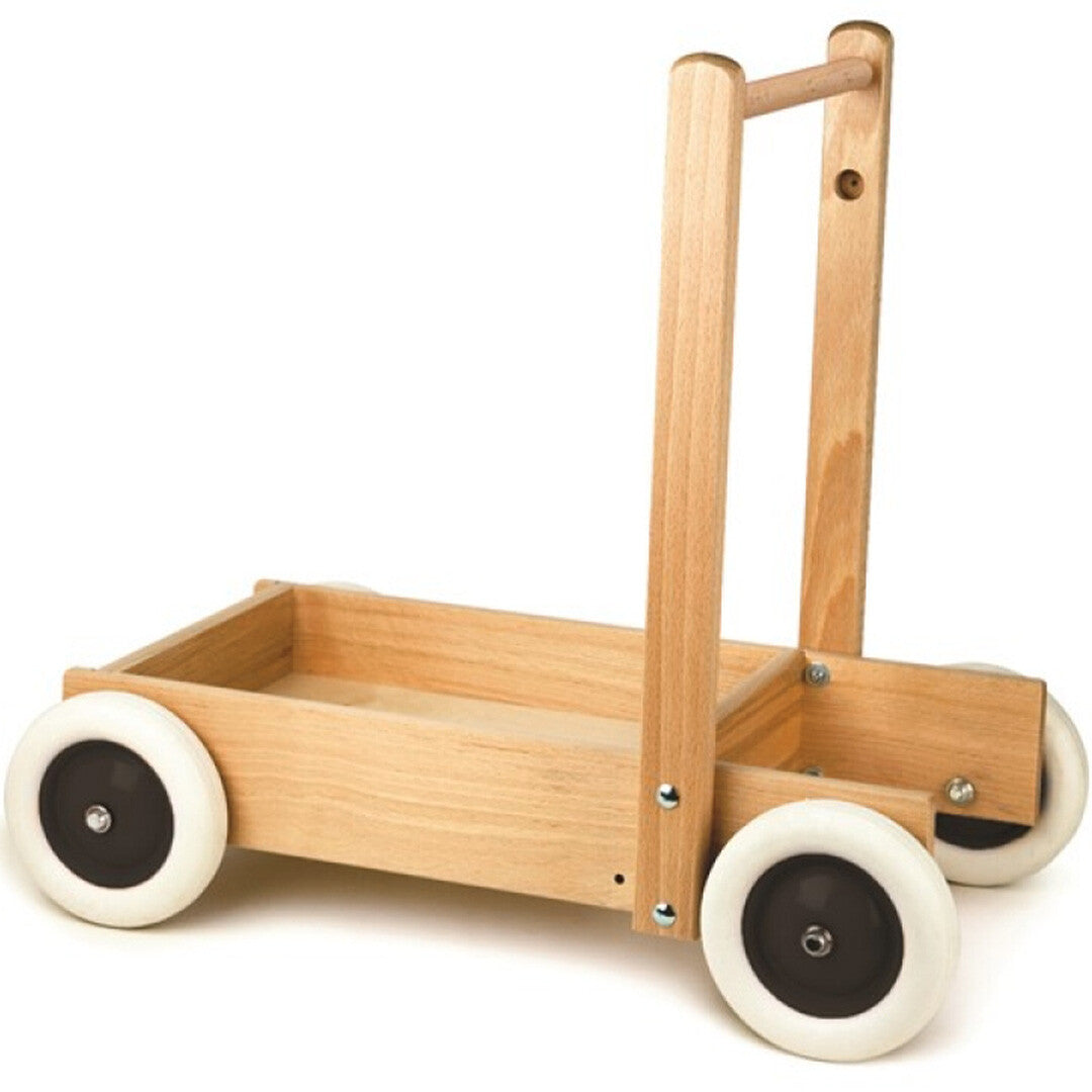 Egmont Toys houten loopwagen met beige frame en witte wielen.
