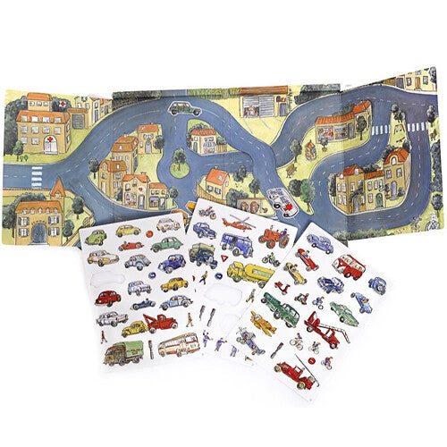 Egmont Toys magneetboek met een uitklapbare stadsplattegrond en drie vellen met diverse voertuigstickers.