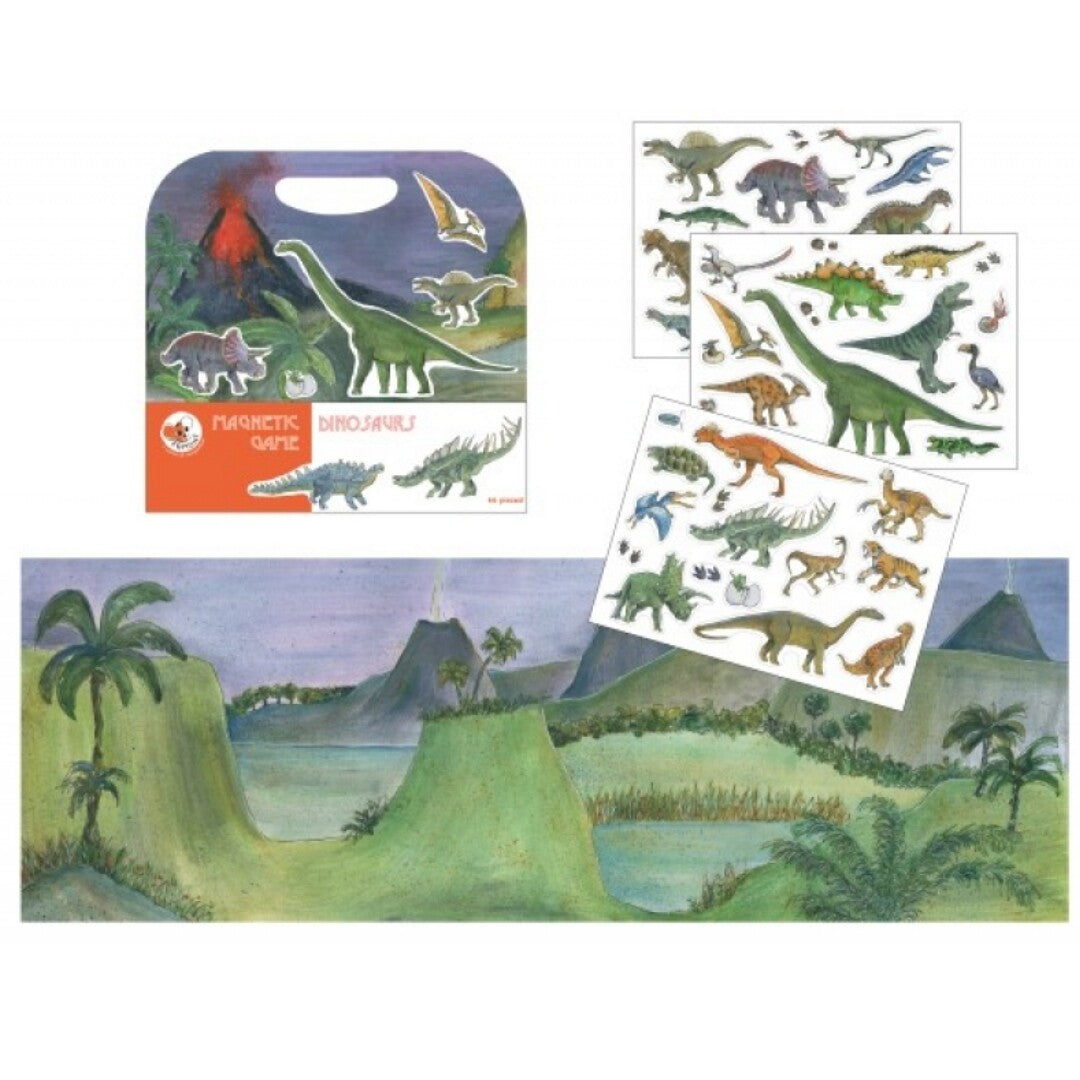 Egmont Toys magnetisch dinosaurusspel met een uitklapbaar speelbord en verschillende magnetische dinosaurusfiguren.