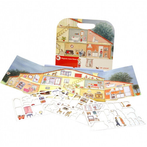 Egmont Toys magneetboek huis opengevouwen met magnetische figuren en de verpakking.