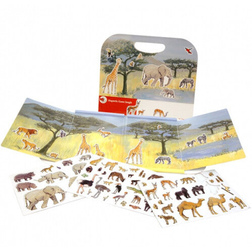 Egmont Toys magneetboek safari opengeklapt met diverse magnetische dierenfiguren en geïllustreerde landschappen.