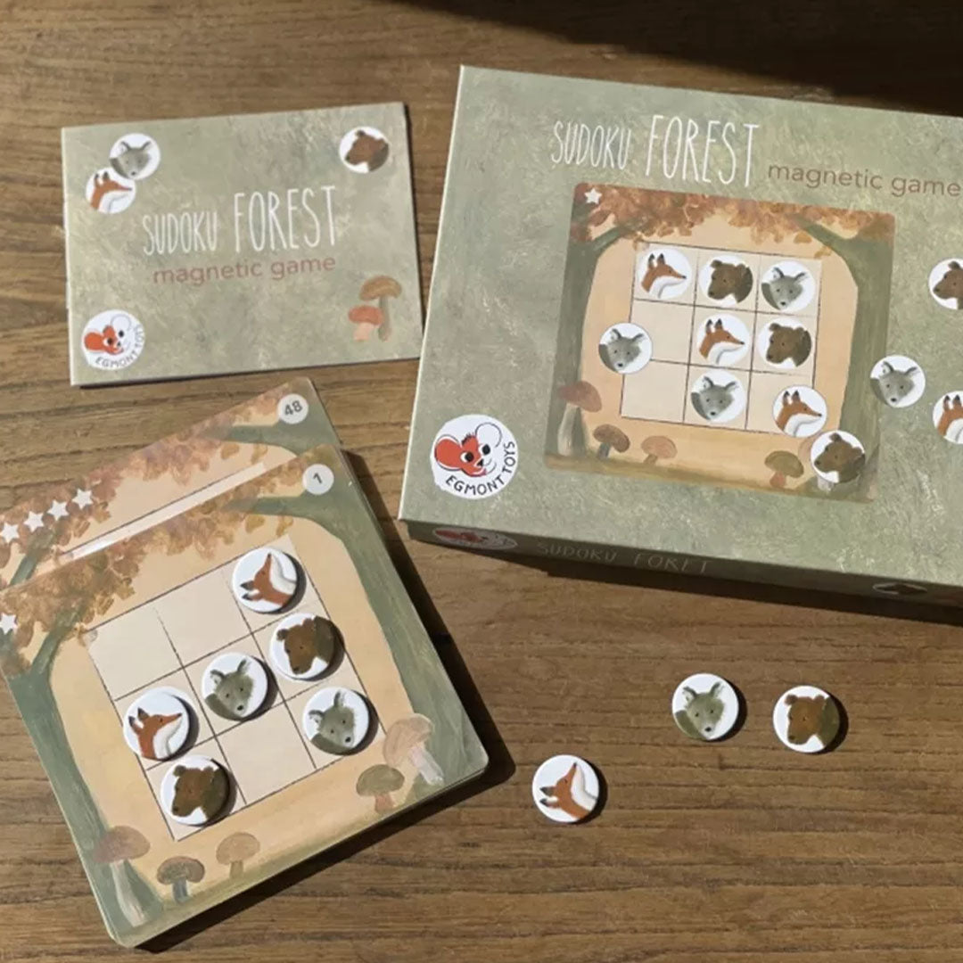Egmont Toys magnetisch Sudoku Forest spel met doos, uitdagingkaarten en losse dierenstukjes.