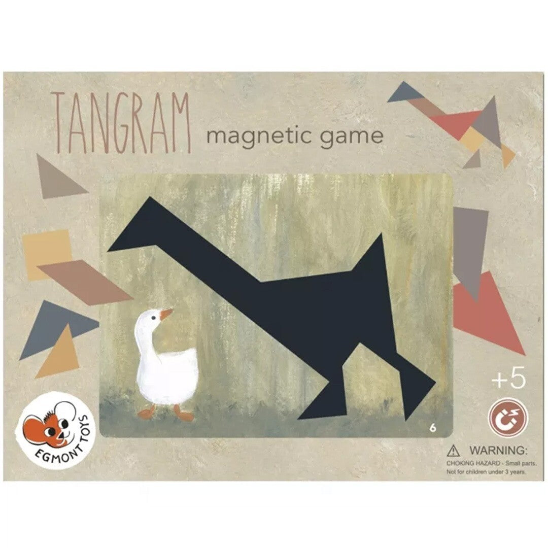 De verpakking van het Egmont Toys magnetisch tangram spel met een gans en een grote zwarte vorm.