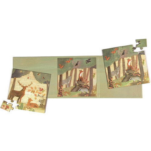 Egmont Toys magnetische puzzelset met twee bosdierenpuzzels, deels in elkaar gezet op een groene ondergrond.