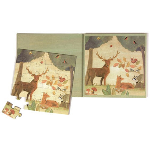 Egmont Toys magnetische puzzel met bosdieren, deels in elkaar gezet op een groene ondergrond.