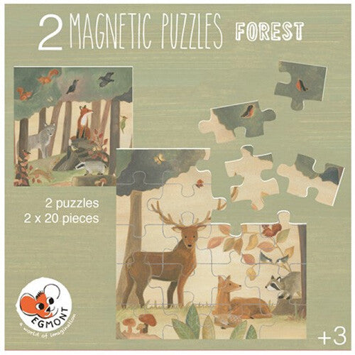 Verpakking van de Egmont Toys magnetische puzzelset met twee bosdierenpuzzels.