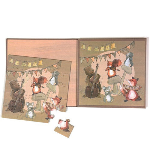 Egmont Toys magnetische puzzel met dierenmuzikanten, waarvan één puzzel compleet en de andere deels in elkaar gezet.