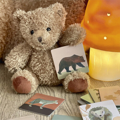 Een teddybeer houdt een speelkaart van het memorie spel vast, met een afbeelding van een bruine beer.