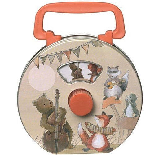 Egmont Toys muziekdoos met dierenmuzikanten en oranje handvat.
