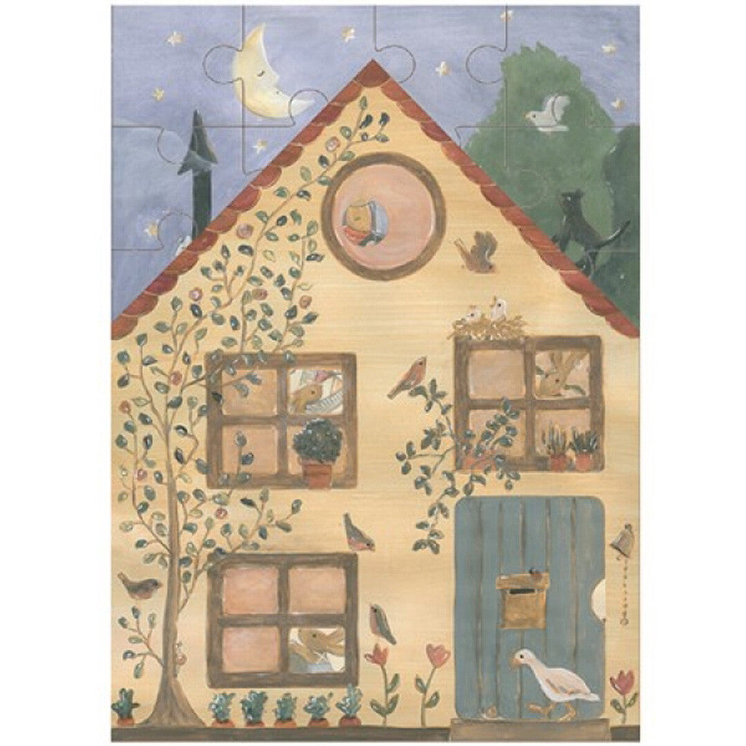 Egmont Toys puzzel van een konijnenhuis, volledig in elkaar gezet met de buitenkant van het huis.