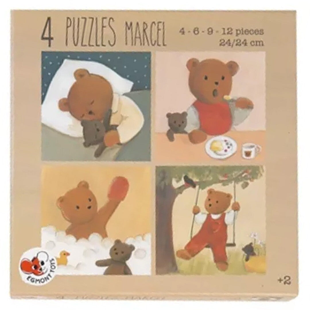 De voorkant van de Egmont Toys puzzel Marcel verpakking met vier illustraties van beren.
