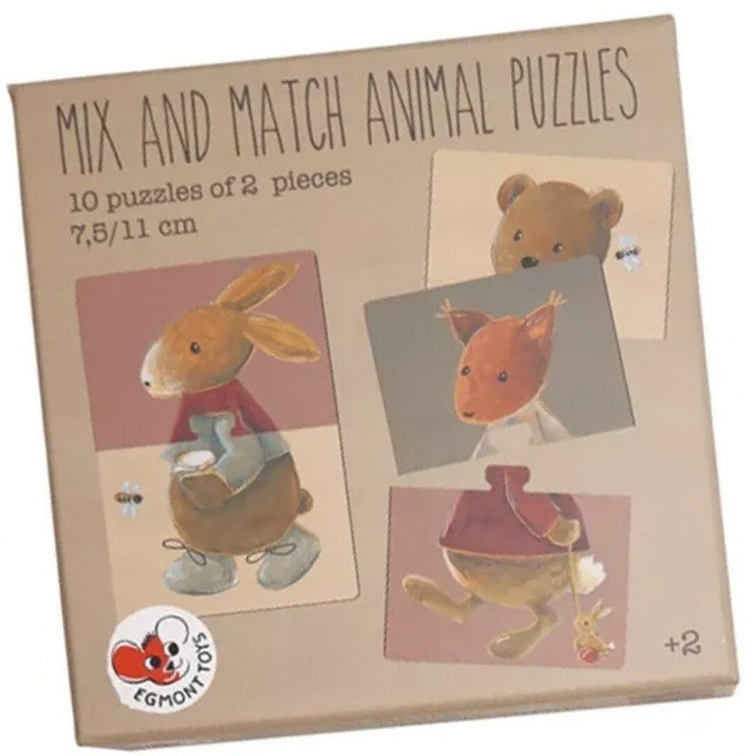 De verpakking van de Egmont Toys mix en match dierenpuzzel met afbeeldingen van konijn, beer en eekhoorn.