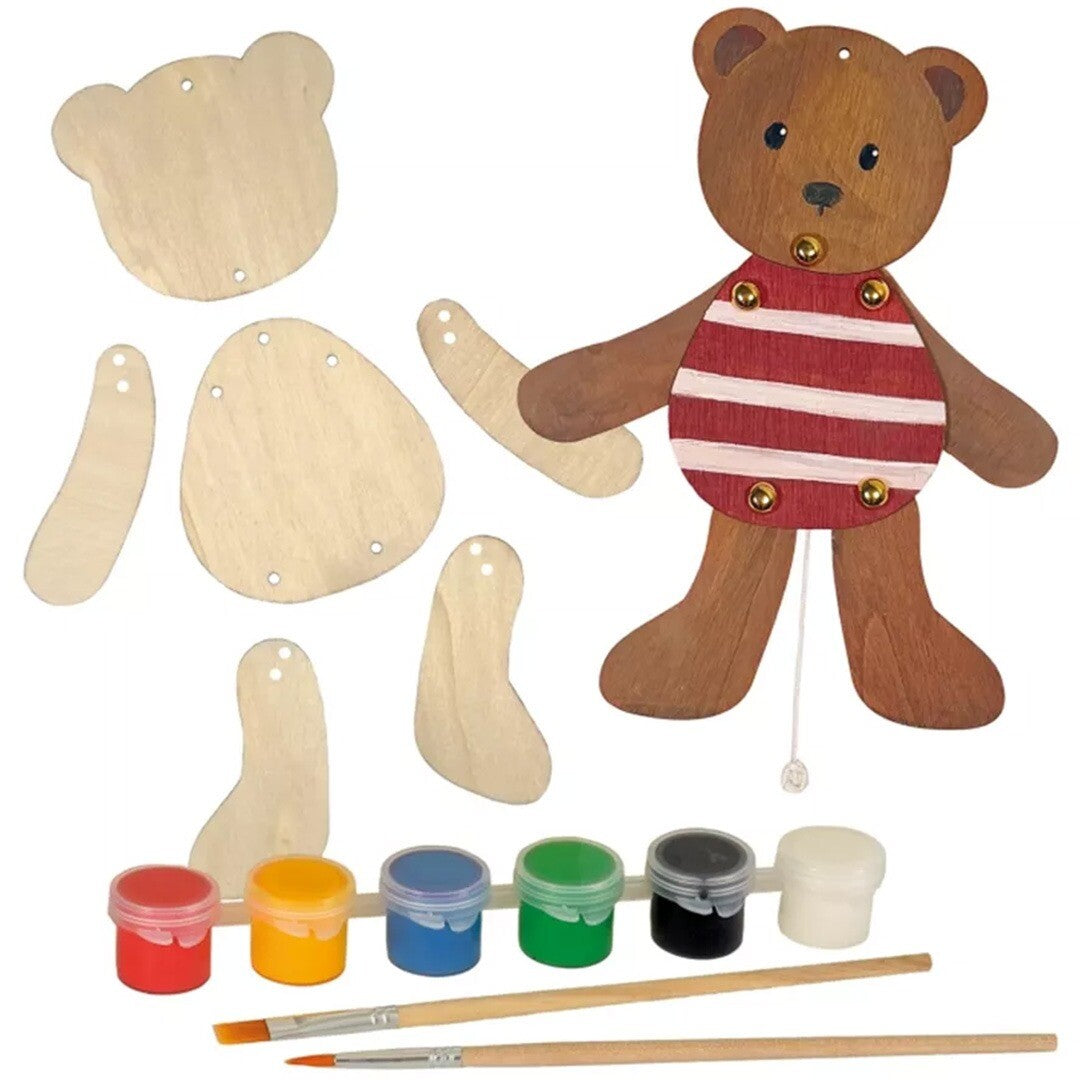Egmont Toys houten schilderset voor een trekpop beer met losse onderdelen, verfpotjes en kwasten.