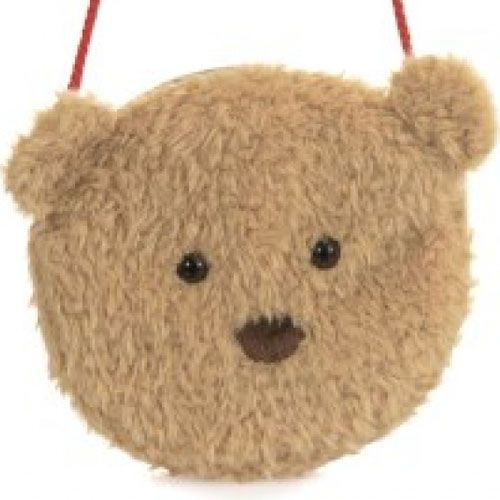 Egmont Toys schoudertasje voor kinderen in de vorm van een beige, pluizige berenkop met rode draagband.