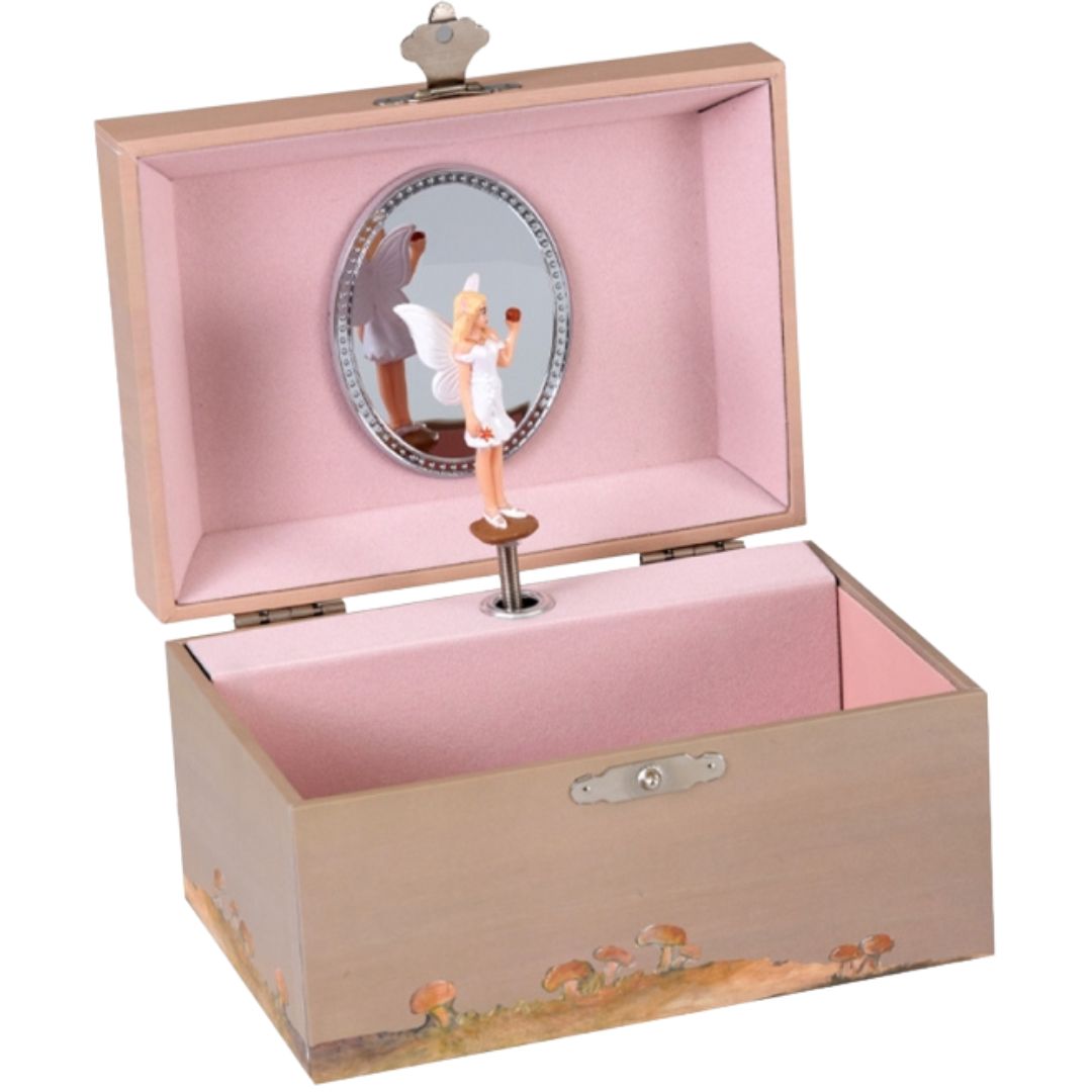 Egmont Toys muziekdoosje met een dansend elfje voor een spiegel en paddenstoelen aan de buitenkant.