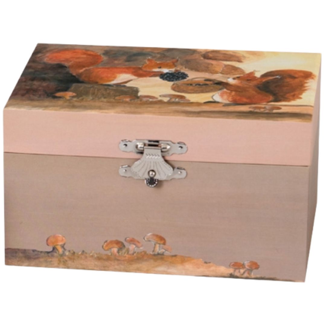 Egmont Toys muziekdoosje met een illustratie van twee eekhoorns en paddenstoelen op de deksel.