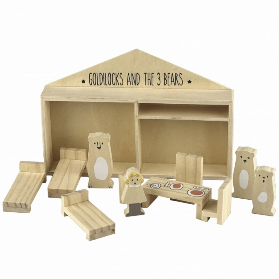 Egmont Toys houten poppenhuisspeelset van Goudlokje en de drie beren met een huisje, figuren en meubels.