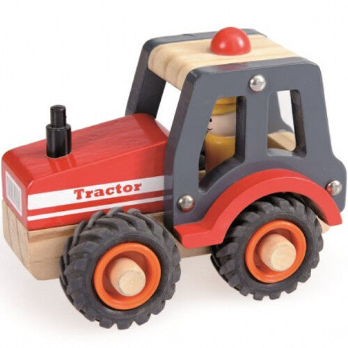 Egmont Toys houten speelgoedtractor in rood en grijs met de tekst 'Tractor' op de zijkant.