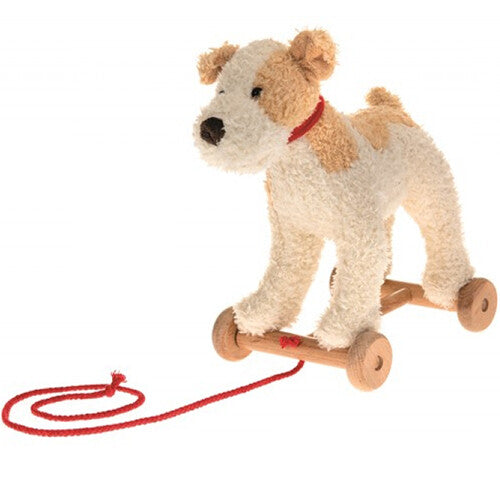 Egmont Toys pluche trekfiguur hond met beige en bruine vlekken en een rood trekkoord.
