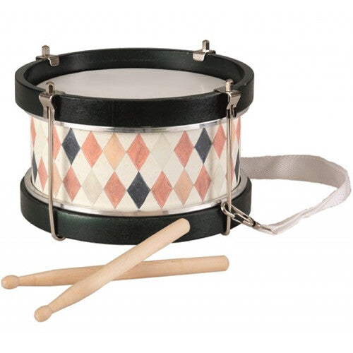 Egmont Toys trommel met beige diamantpatroon en twee drumstokken.