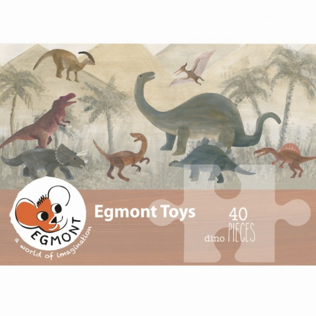 Afbeelding van de Egmont Toys vloerpuzzel met een illustratie van diverse dinosaurussen in een landschap en de tekst '40 pieces dino'.