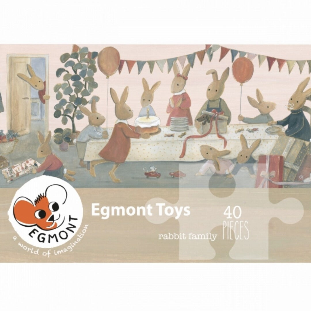 Verpakking van de Egmont Toys vloerpuzzel met een illustratie van een konijnenfamilie die een feestje viert.
