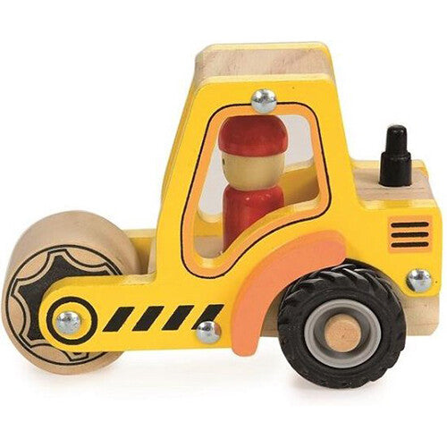 Egmont Toys houten gele wals met een houten chauffeur en rubberen wielen.