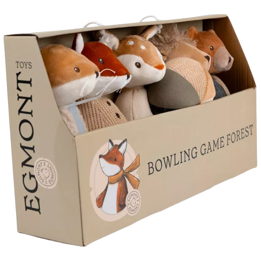 Egmont Toys verpakking van het pluche bowling speelgoed met bosdieren, schuin gefotografeerd.