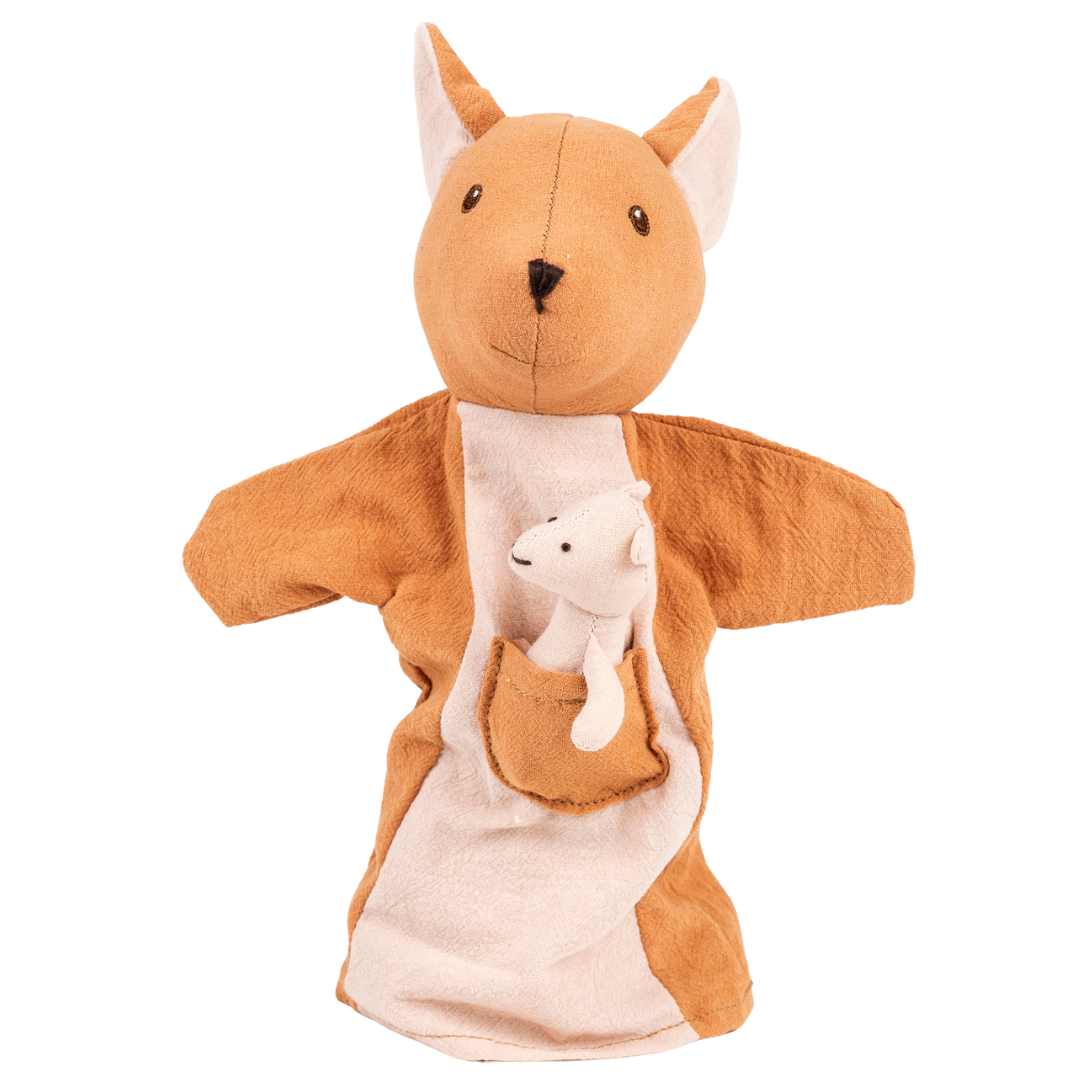 Egmont Toys bruine kangoeroe handpop met een wit jong in de buidel.