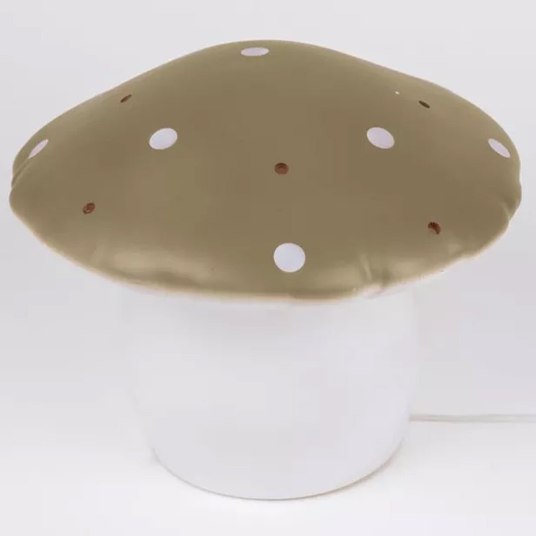 Egmont Toys paddenstoel sfeerlamp met beige kap en witte stippen, met zichtbaar snoer.