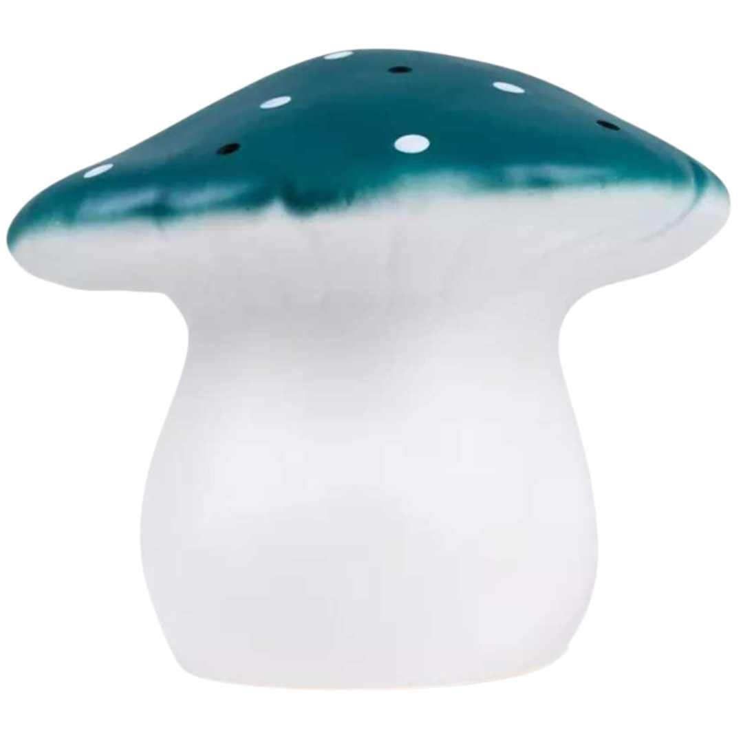 Egmont Toys nachtlamp in de vorm van een blauwgroene vliegenzwam met witte stippen.