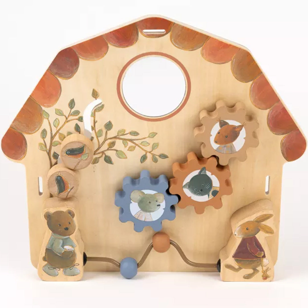 Egmont Toys houten activiteitenpaneel in de vorm van een huis met draaiende tandwielen, een spiegel en een kralenbaan met dieren.