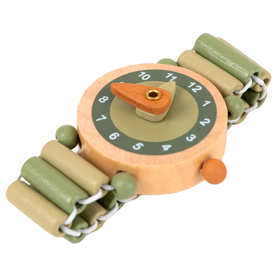 Egmont Toys houten horloge met groene en beige kralenband, schuin van bovenaf gefotografeerd.