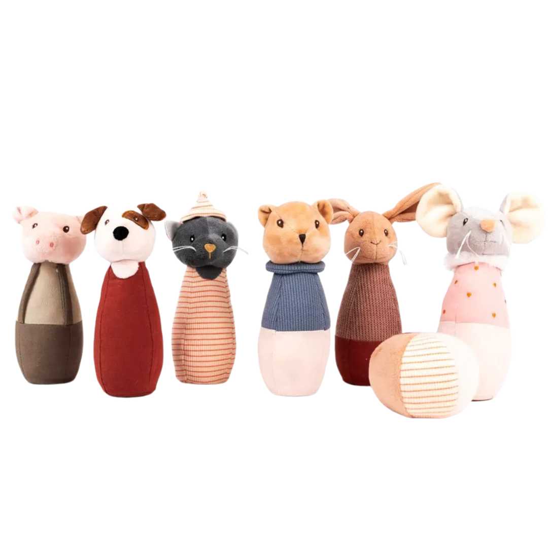 Egmont Toys stoffen kegelspel voor peuters met zes dierenfiguren en een gestreepte bal.