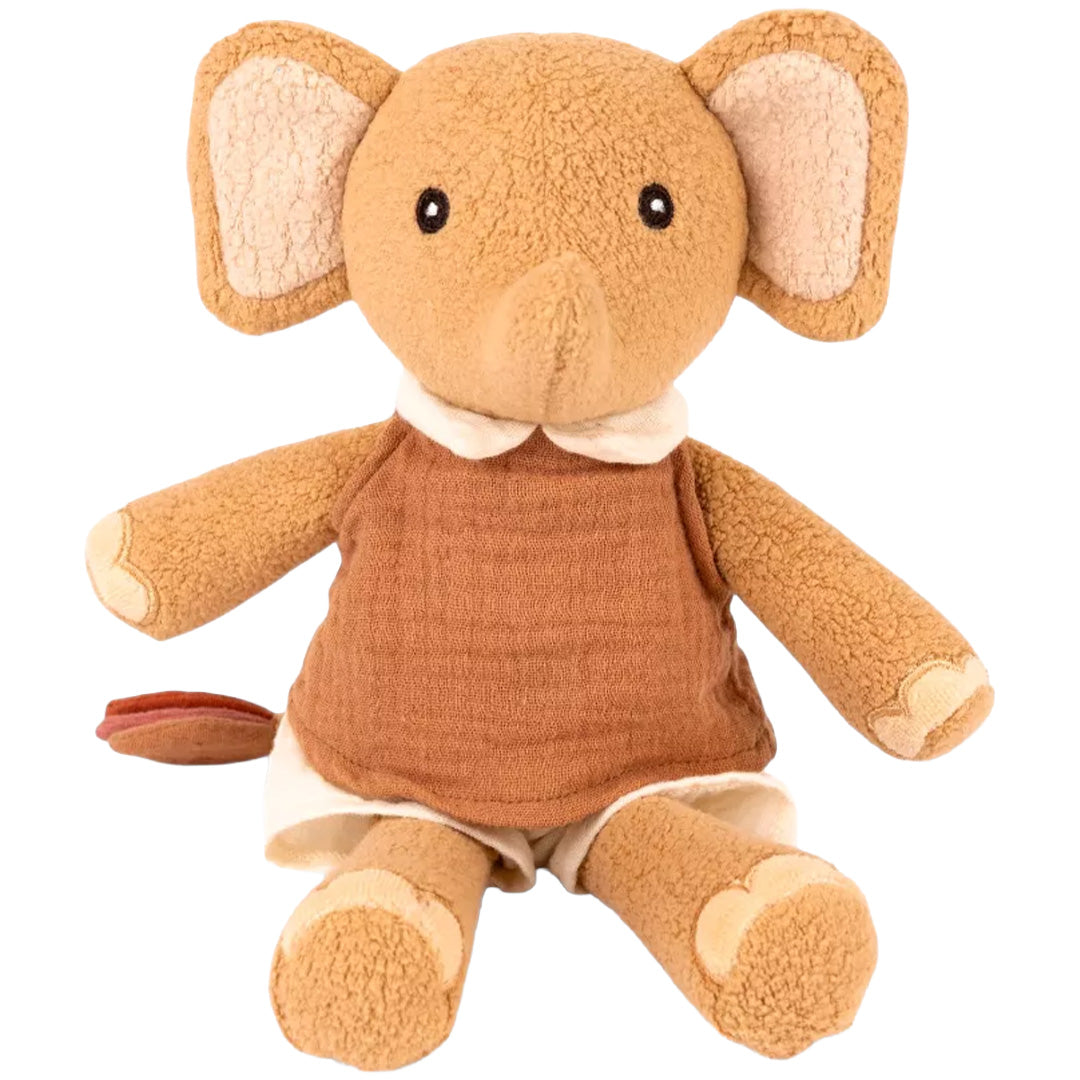 Egmont Toys knuffelolifant Ollie, beige met bruin shirt en witte broek, zit frontaal.