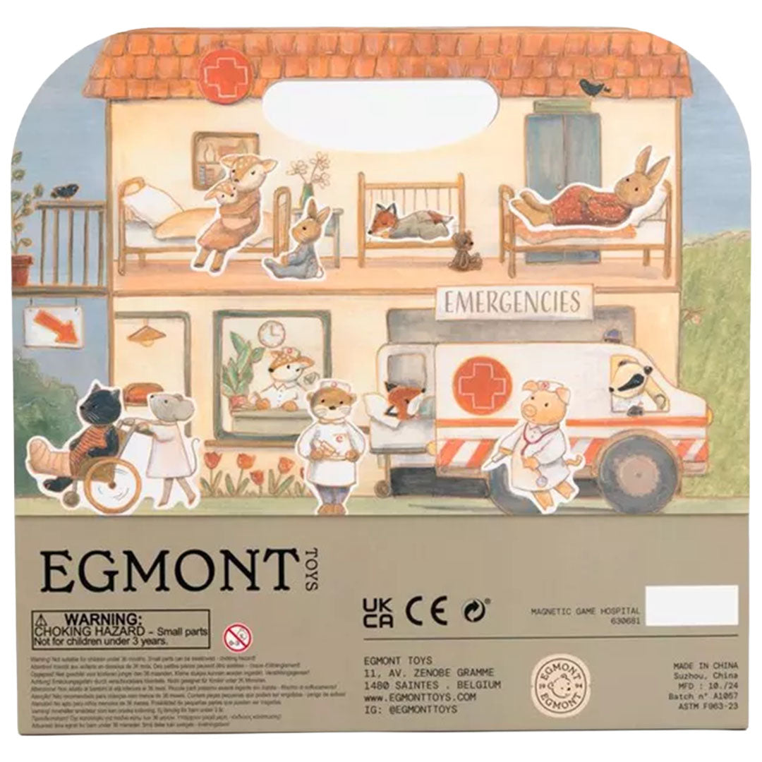 Achterkant van de Egmont Toys verpakking van het magnetisch ziekenhuis met een ambulance en dierenfiguren.