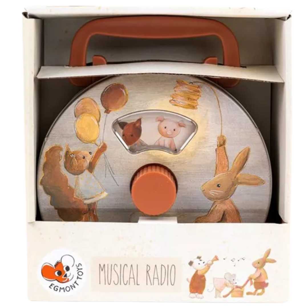 De Egmont Toys muzikale radio in de witte kartonnen verpakking.